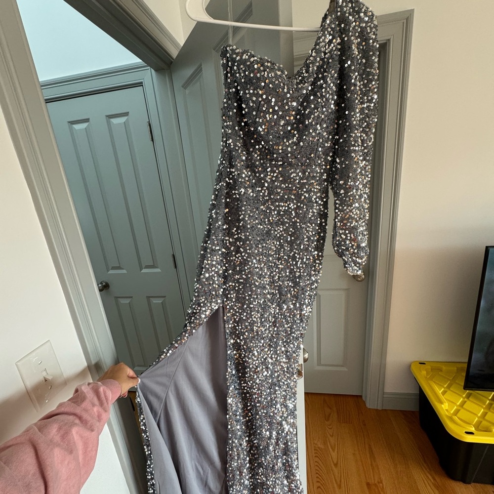 Sequin gown off the shoulder with slit